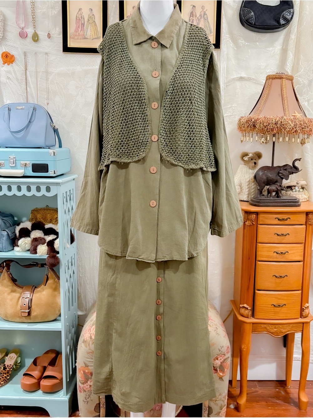 Vintage earthy boho coastal girly green top and skirt set
